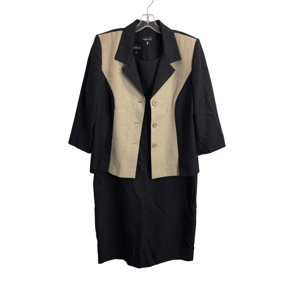Leslie Fay Womens 16 Black Tan Colorblock Blazer & Sleeveless Sheath Dress Set